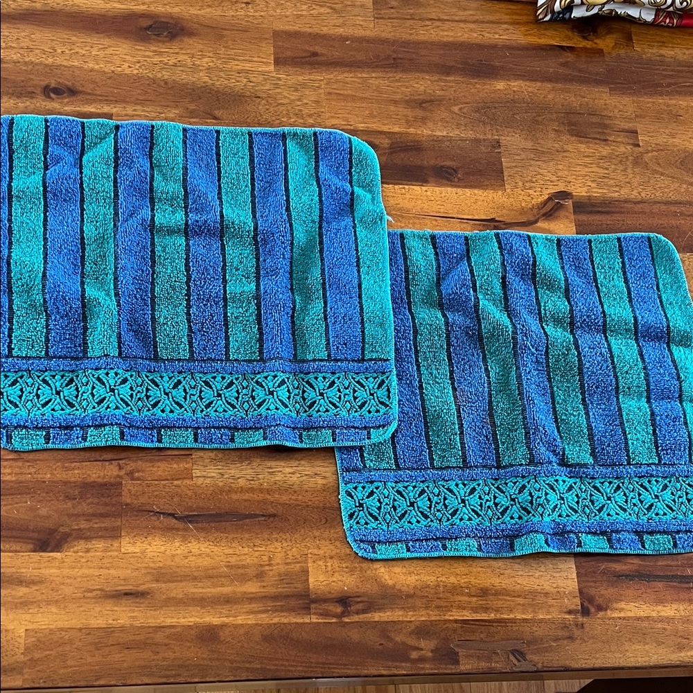 2 Style House Green & Blue Striped Wash Cloths Vtg Montgomery Ward *READ*